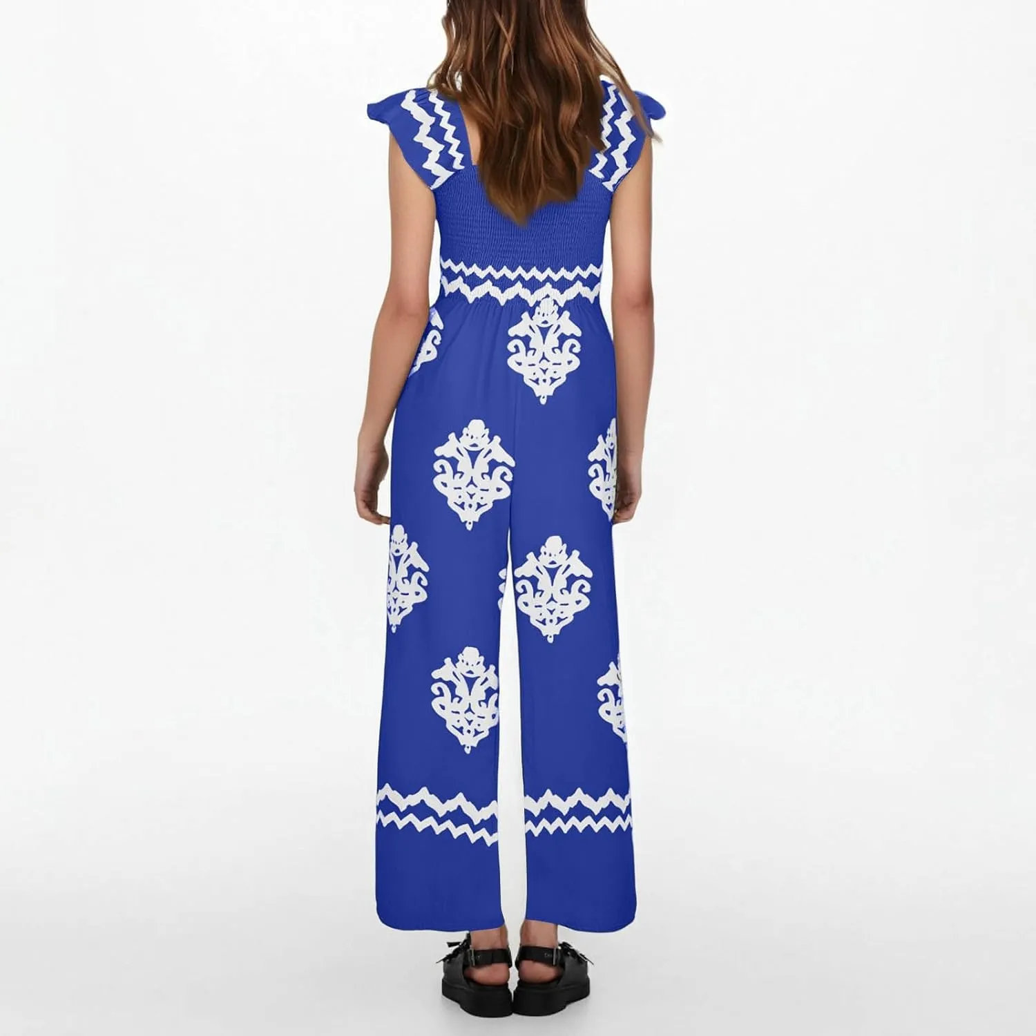 Womens Jumpsuits Casual One Piece Shirred Strap Wide Leg Long Pants Rompers with Pockets Boho Summer Outfits
