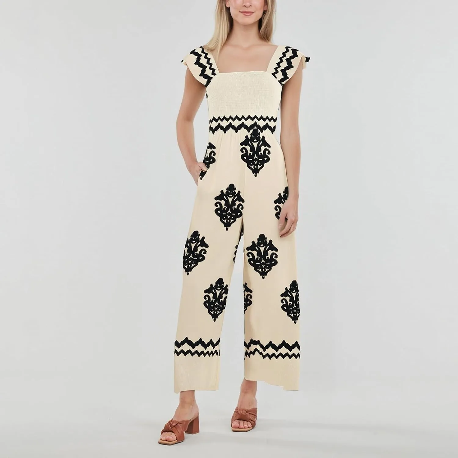 Womens Jumpsuits Casual One Piece Shirred Strap Wide Leg Long Pants Rompers with Pockets Boho Summer Outfits