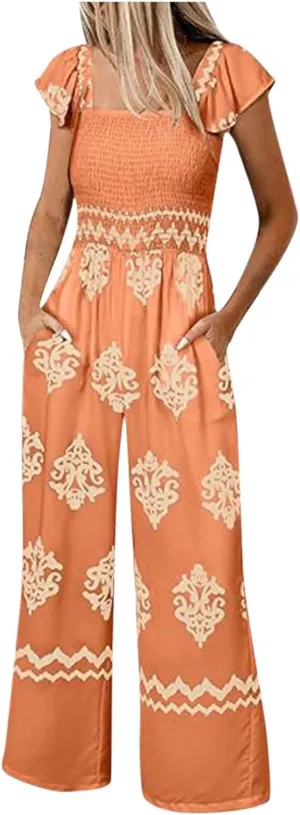 Womens Jumpsuits Casual One Piece Shirred Strap Wide Leg Long Pants Rompers with Pockets Boho Summer Outfits