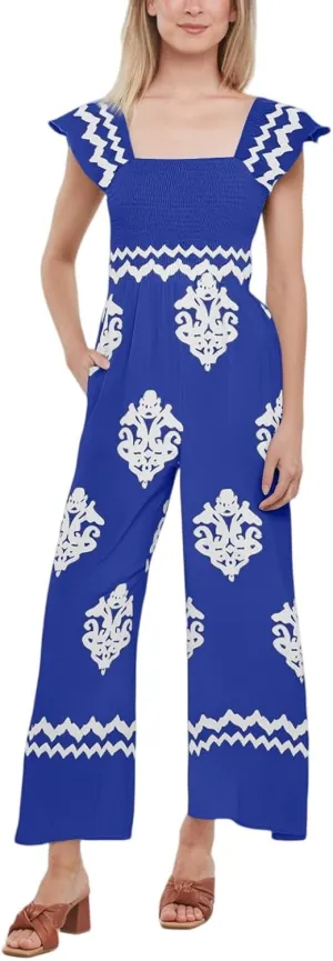 Womens Jumpsuits Casual One Piece Shirred Strap Wide Leg Long Pants Rompers with Pockets Boho Summer Outfits