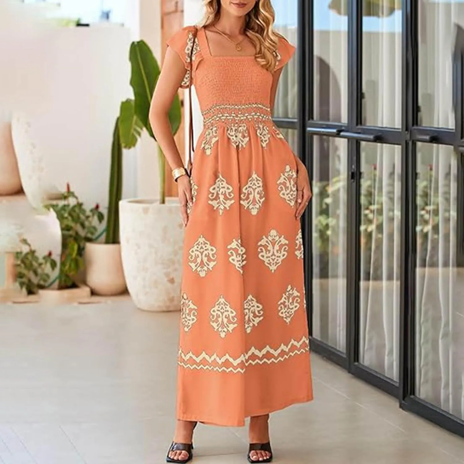 Womens Jumpsuits Casual One Piece Shirred Strap Wide Leg Long Pants Rompers with Pockets Boho Summer Outfits
