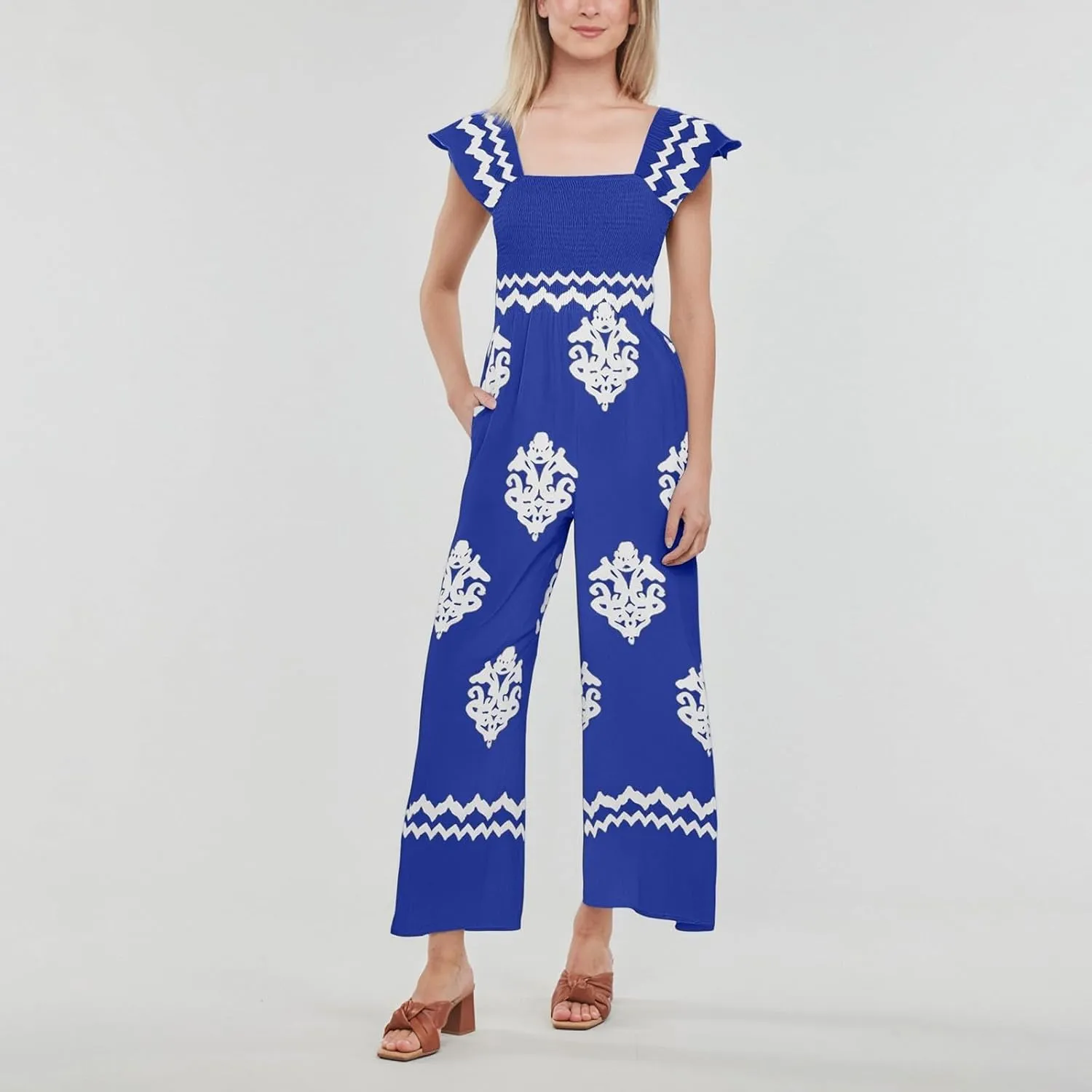 Womens Jumpsuits Casual One Piece Shirred Strap Wide Leg Long Pants Rompers with Pockets Boho Summer Outfits