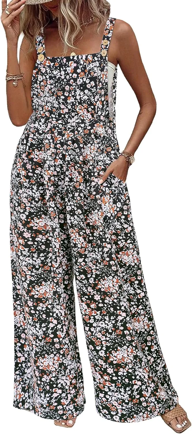 Womens Jumpsuits Overalls Wide Leg Casual Summer Outfits Sleeveless Straps Floral Jumpsuits 2025 Loose Fit Black L
