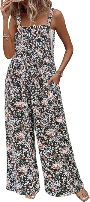 Womens Jumpsuits Overalls Wide Leg Casual Summer Outfits Sleeveless Straps Floral Jumpsuits 2025 Loose Fit Black L