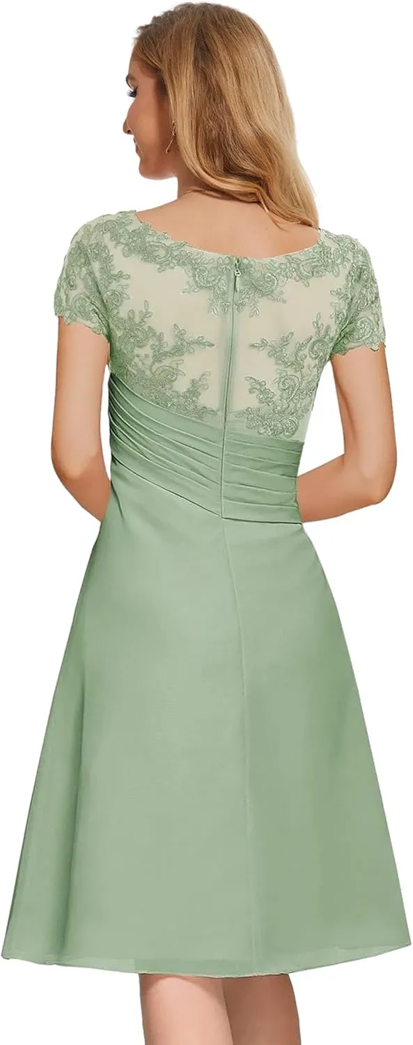 Women's Lace Mother of The Bride Dresses for Wedding V Neck Short Formal Party Dress with Sleeves