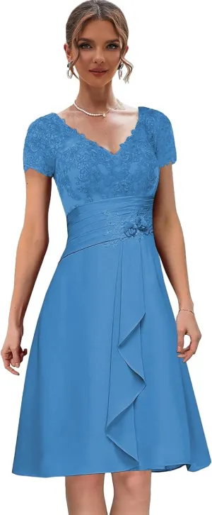 Women's Lace Mother of The Bride Dresses for Wedding V Neck Short Formal Party Dress with Sleeves