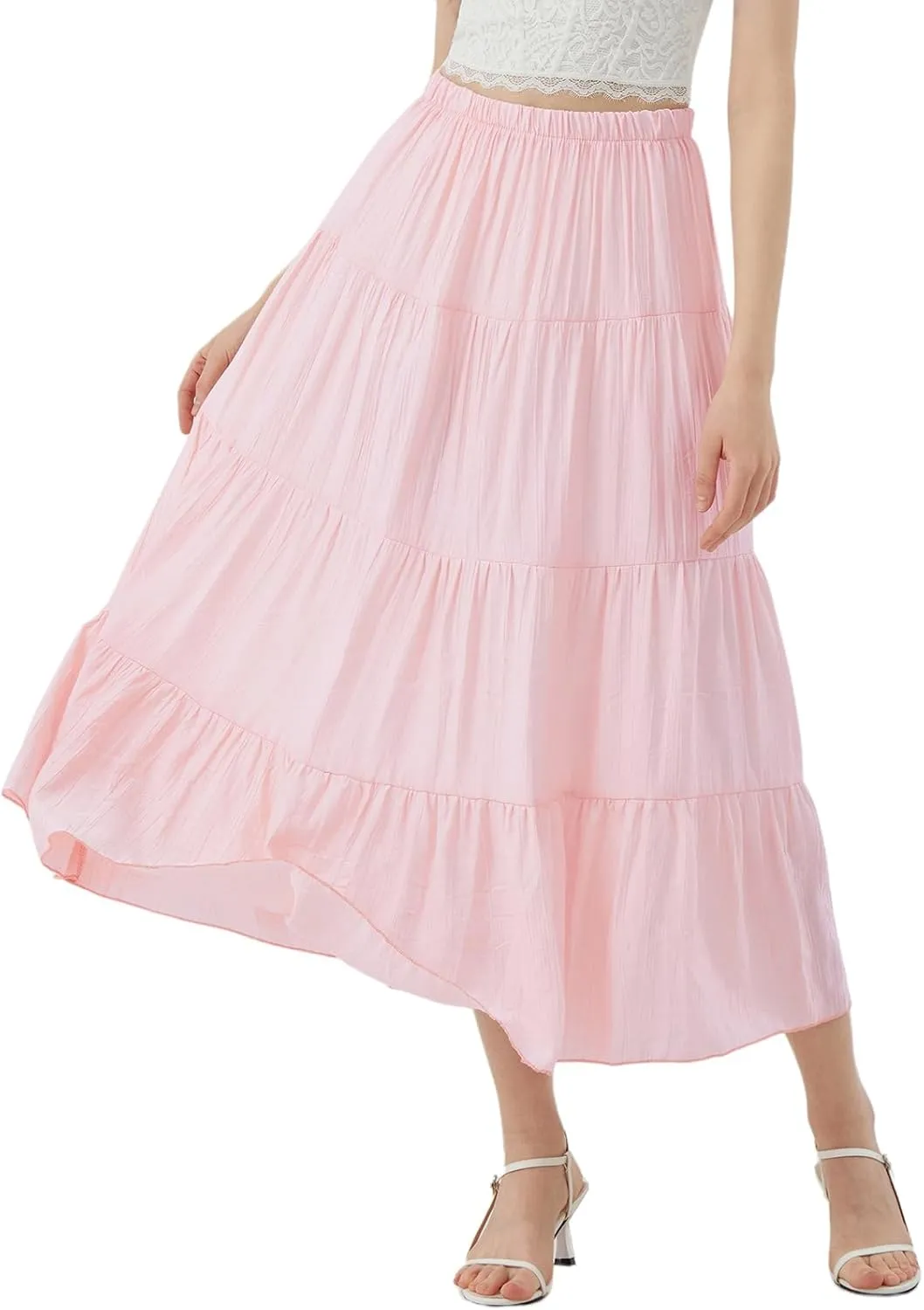 Women's Long Skirt Summer Flowy Boho Maxi Tiered A-Line Elastic High Waist Pleated Beach Dress