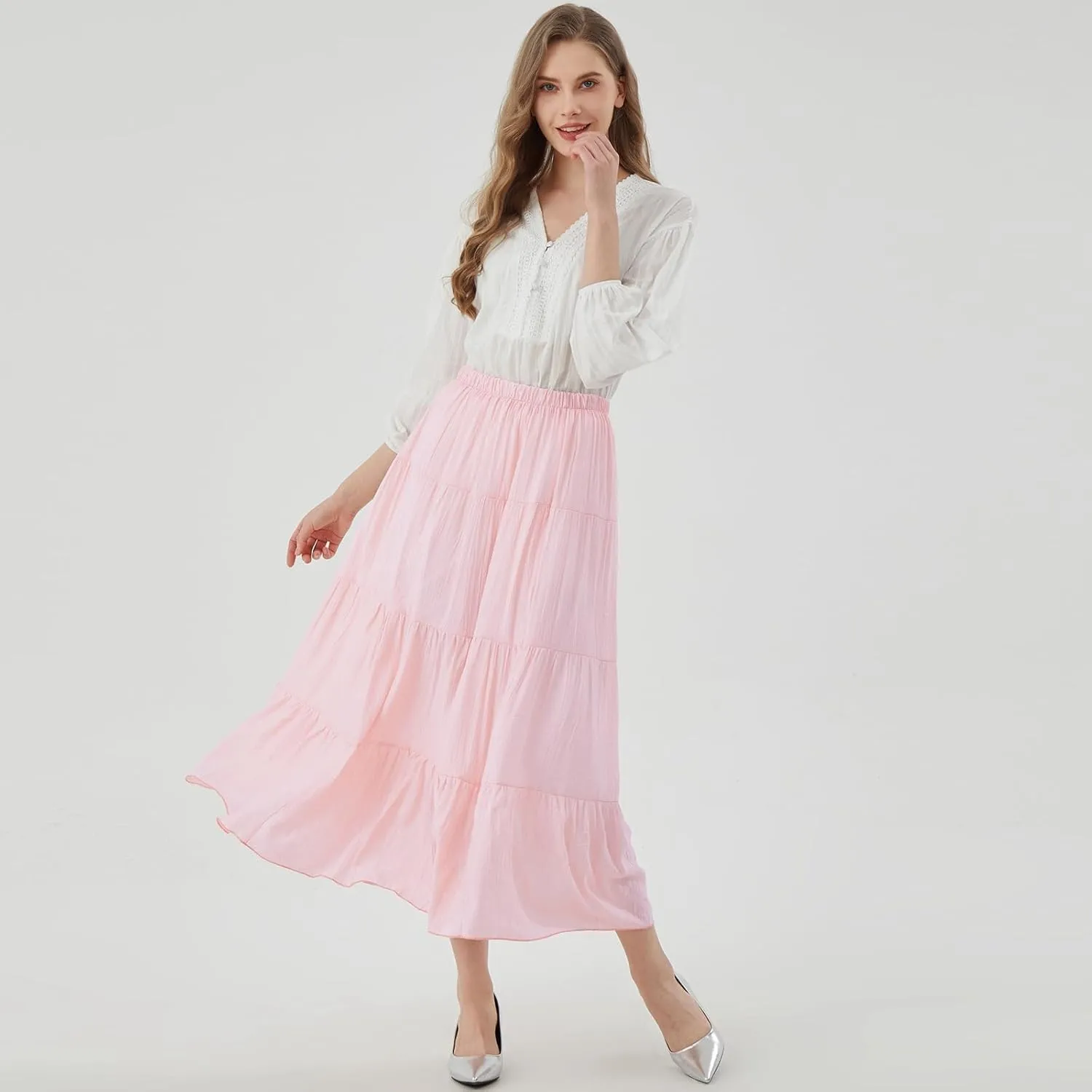 Women's Long Skirt Summer Flowy Boho Maxi Tiered A-Line Elastic High Waist Pleated Beach Dress