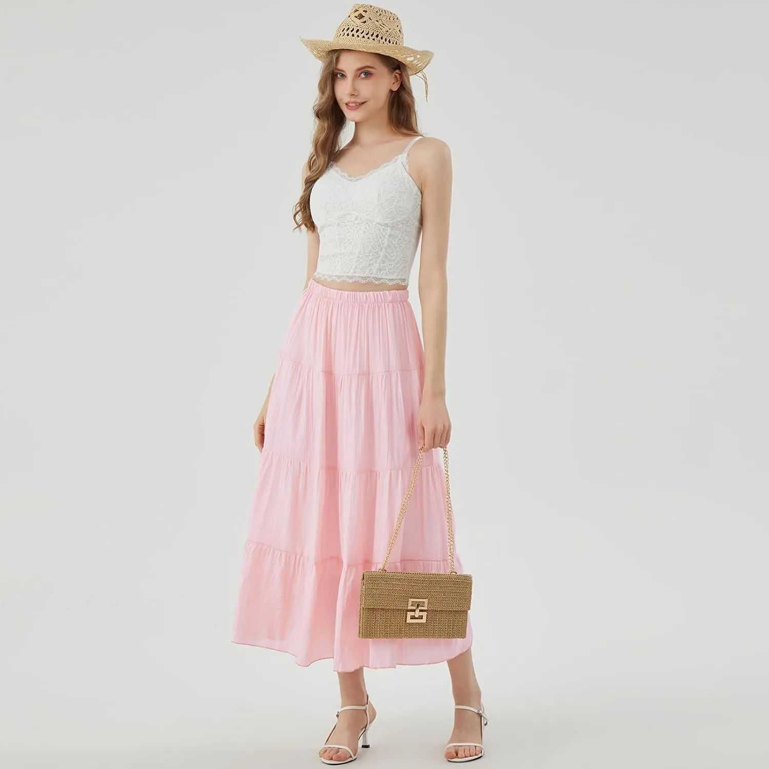 Women's Long Skirt Summer Flowy Boho Maxi Tiered A-Line Elastic High Waist Pleated Beach Dress