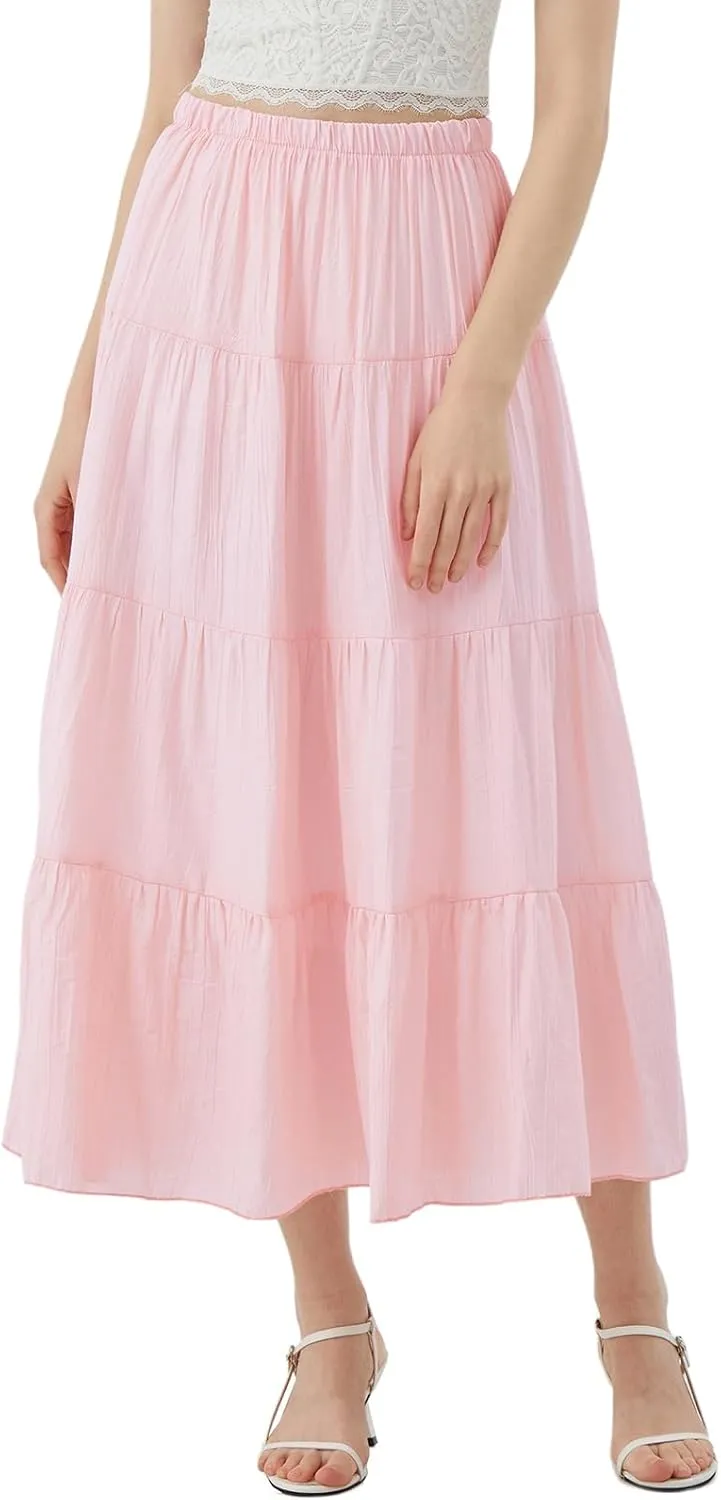 Women's Long Skirt Summer Flowy Boho Maxi Tiered A-Line Elastic High Waist Pleated Beach Dress