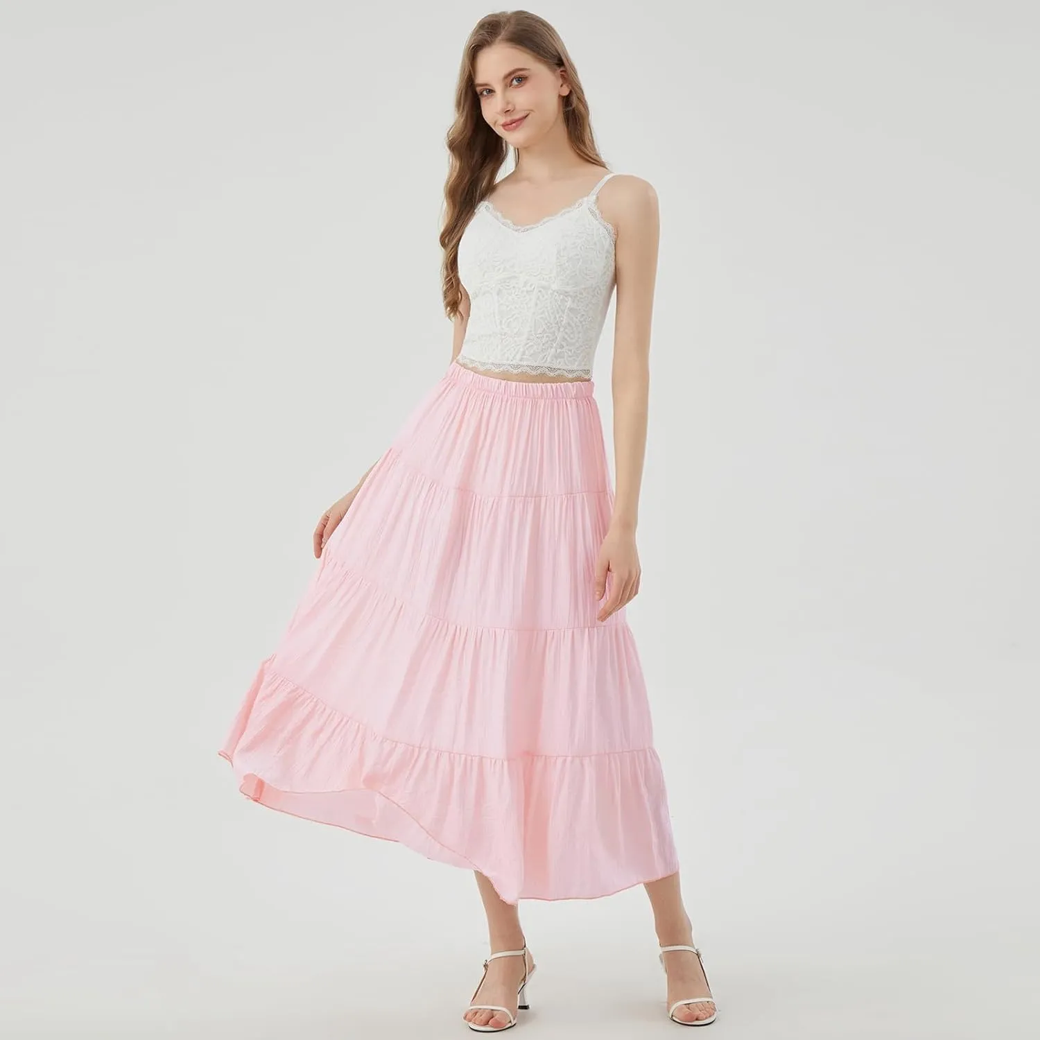 Women's Long Skirt Summer Flowy Boho Maxi Tiered A-Line Elastic High Waist Pleated Beach Dress