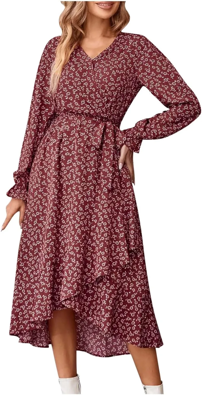 Women's Long Sleeve Maxi Dress V Neck Boho Floral Print High Waist Dress Casual Flowy Ruffle 2024 Fall Winter Dresses