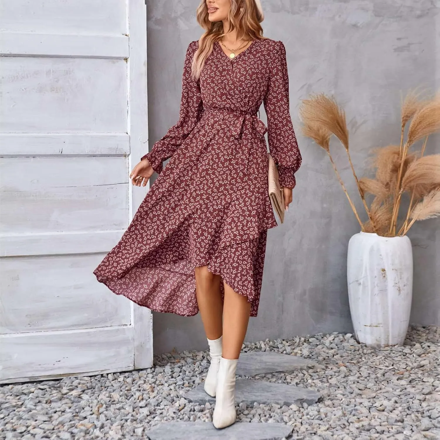 Women's Long Sleeve Maxi Dress V Neck Boho Floral Print High Waist Dress Casual Flowy Ruffle 2024 Fall Winter Dresses