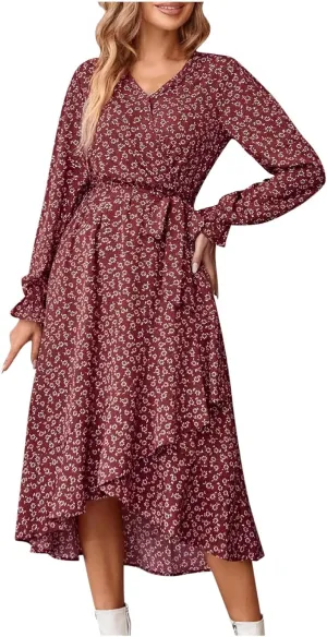 Women's Long Sleeve Maxi Dress V Neck Boho Floral Print High Waist Dress Casual Flowy Ruffle 2024 Fall Winter Dresses