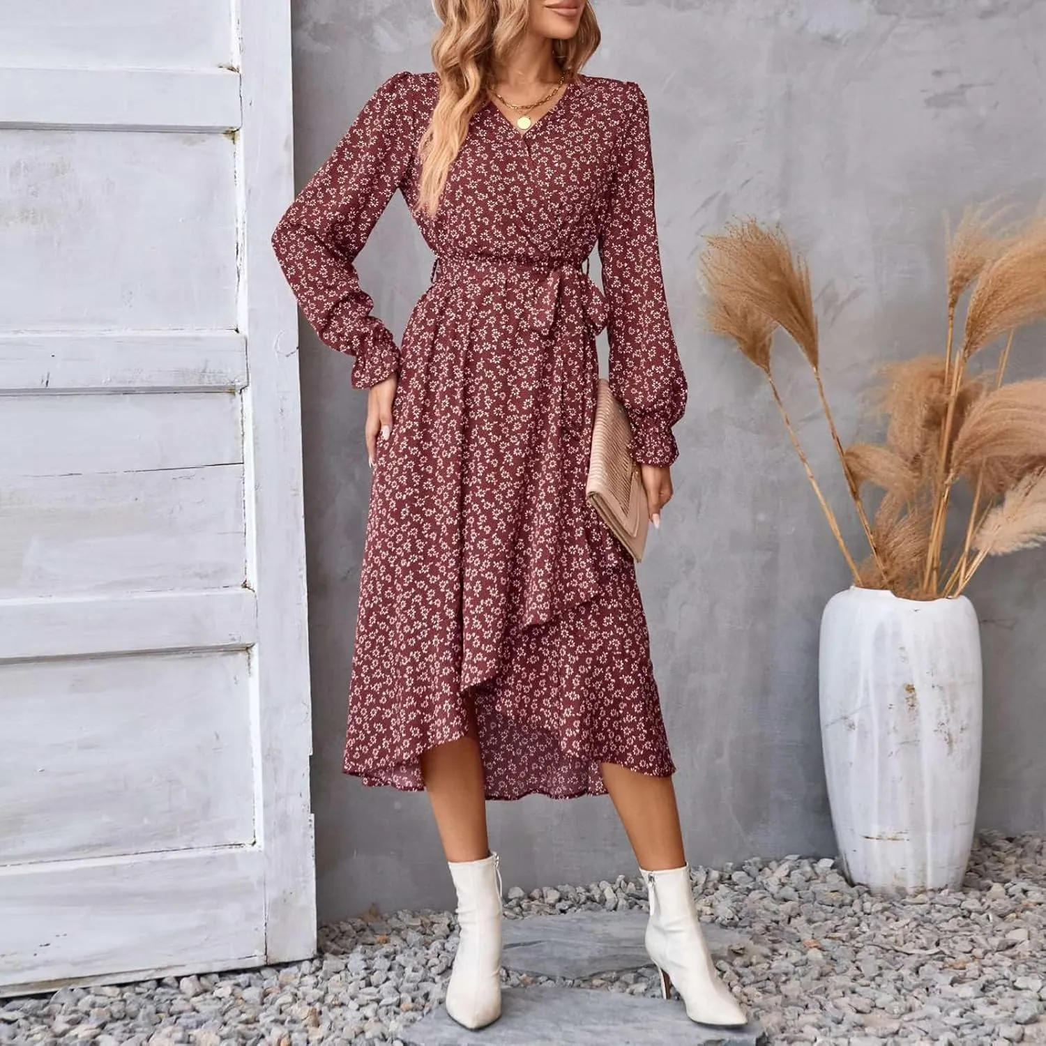 Women's Long Sleeve Maxi Dress V Neck Boho Floral Print High Waist Dress Casual Flowy Ruffle 2024 Fall Winter Dresses