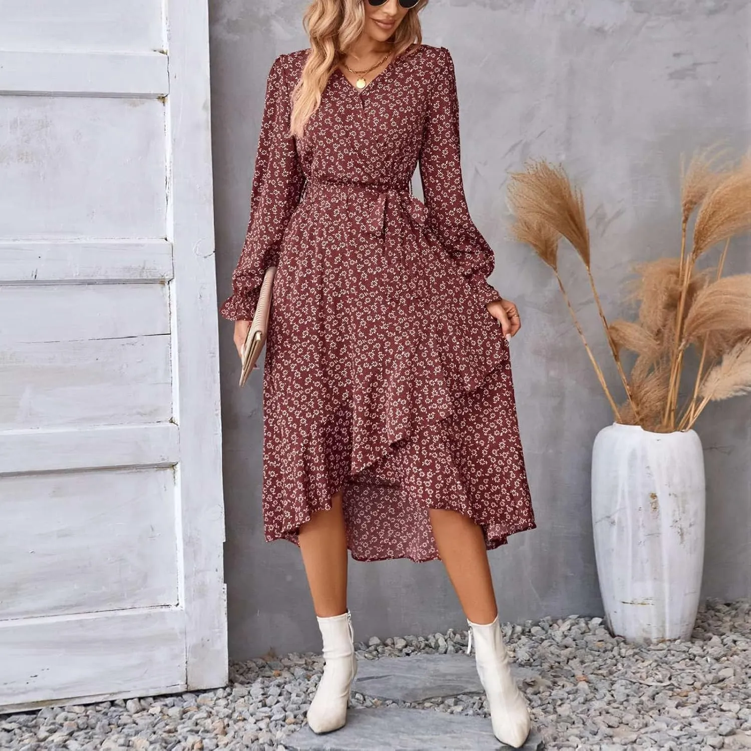 Women's Long Sleeve Maxi Dress V Neck Boho Floral Print High Waist Dress Casual Flowy Ruffle 2024 Fall Winter Dresses