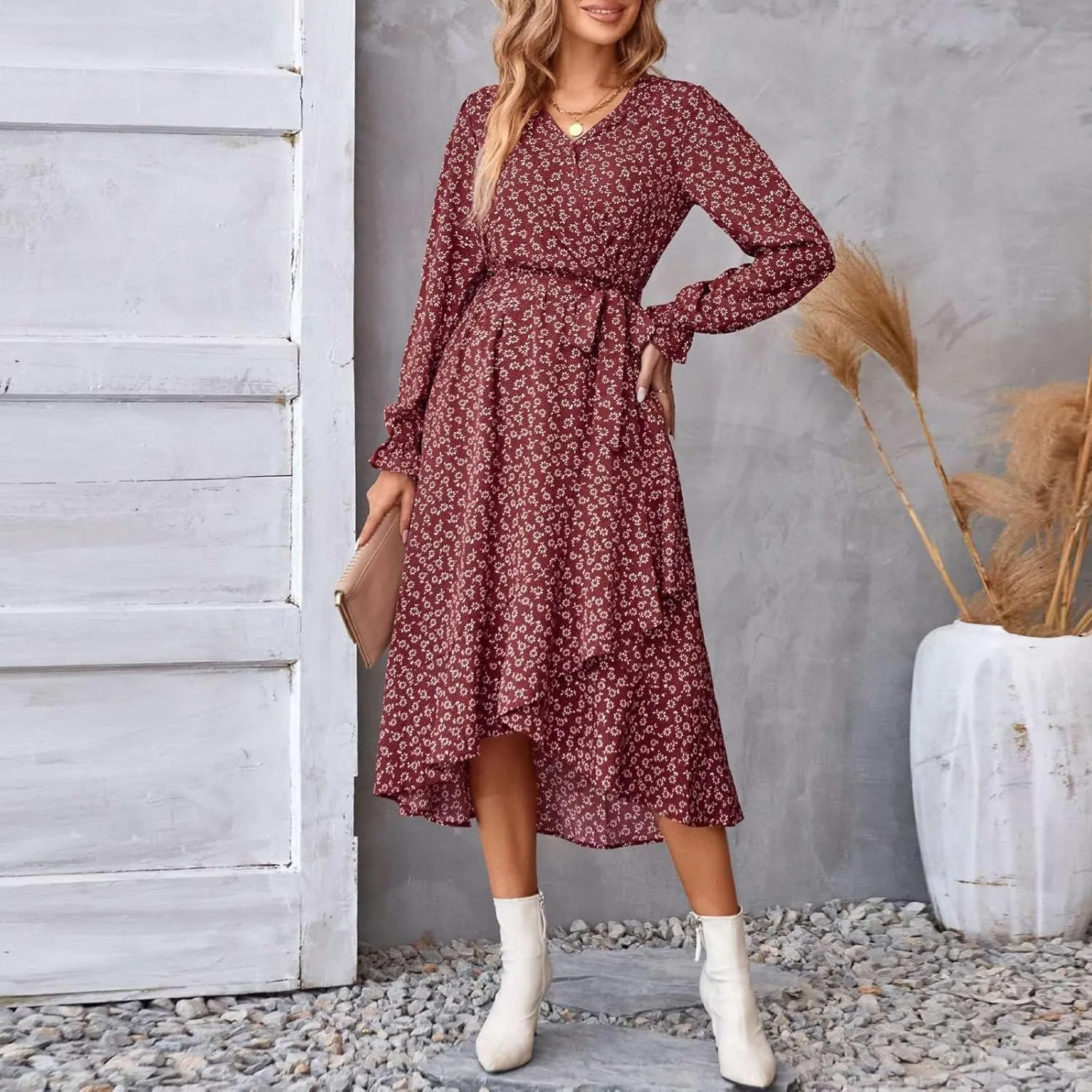Women's Long Sleeve Maxi Dress V Neck Boho Floral Print High Waist Dress Casual Flowy Ruffle 2024 Fall Winter Dresses