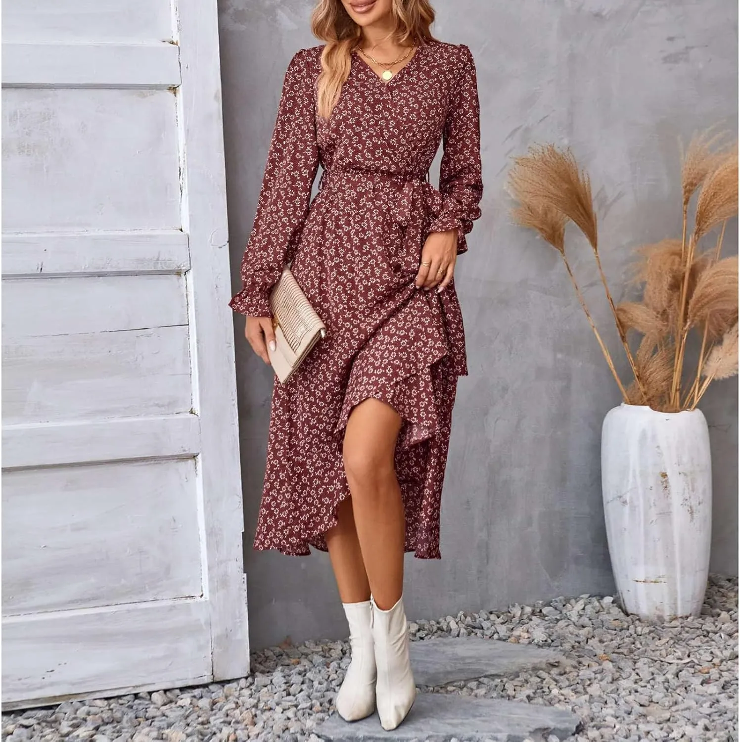 Women's Long Sleeve Maxi Dress V Neck Boho Floral Print High Waist Dress Casual Flowy Ruffle 2024 Fall Winter Dresses