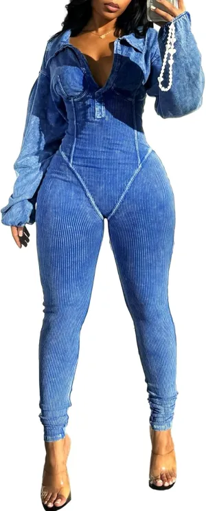 Women's Long Sleeve Workout Jumpsuit Sexy V neck Stretchy Ribbed Bodysuits Solid Color Comfy Bodycon Rompers