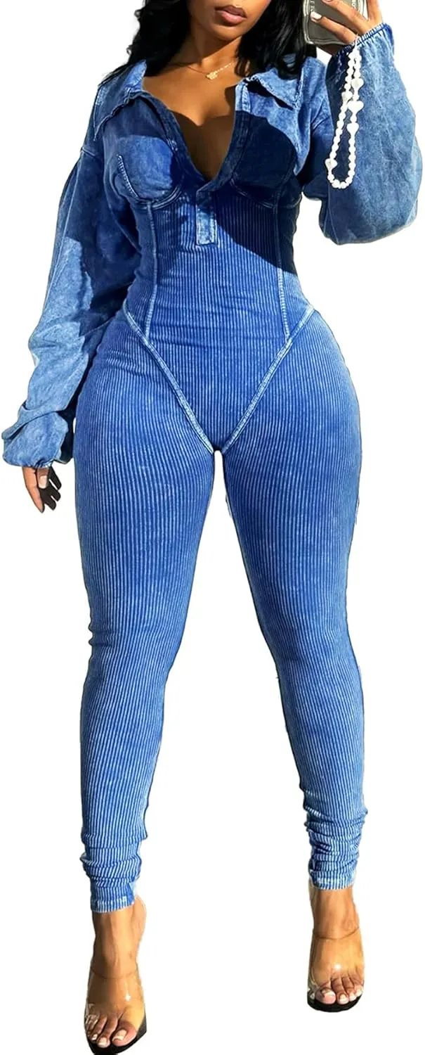 Women's Long Sleeve Workout Jumpsuit Sexy V neck Stretchy Ribbed Bodysuits Solid Color Comfy Bodycon Rompers