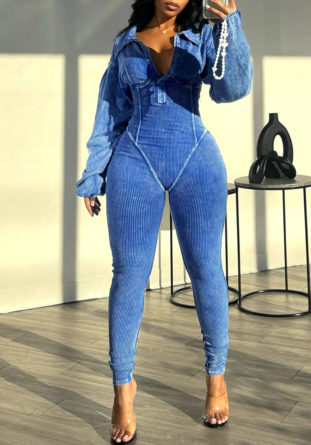 Women's Long Sleeve Workout Jumpsuit Sexy V neck Stretchy Ribbed Bodysuits Solid Color Comfy Bodycon Rompers