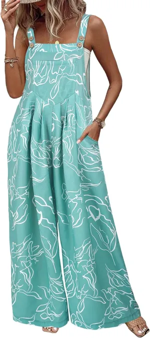 Womens Overalls Summer Jumpsuits Loose Floral Print Bohemian Casual Wide Leg Maternity Overall Rompers Green XXL