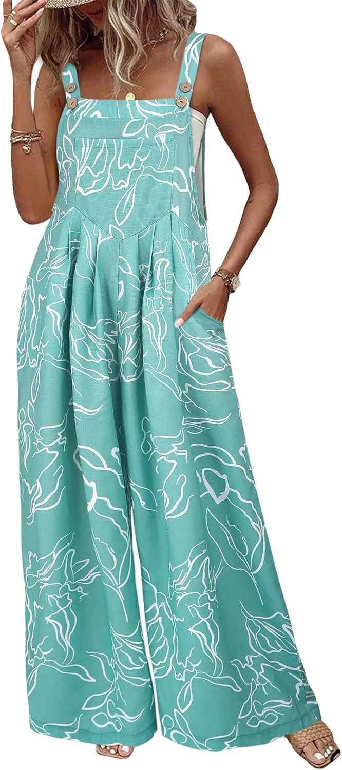 Womens Overalls Summer Jumpsuits Loose Floral Print Bohemian Casual Wide Leg Maternity Overall Rompers Green XXL