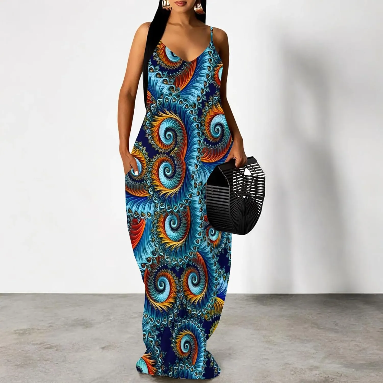 Women's Plus Size Summer Dresses Spaghetti Print Midi Dresses Long Loose Sundresses