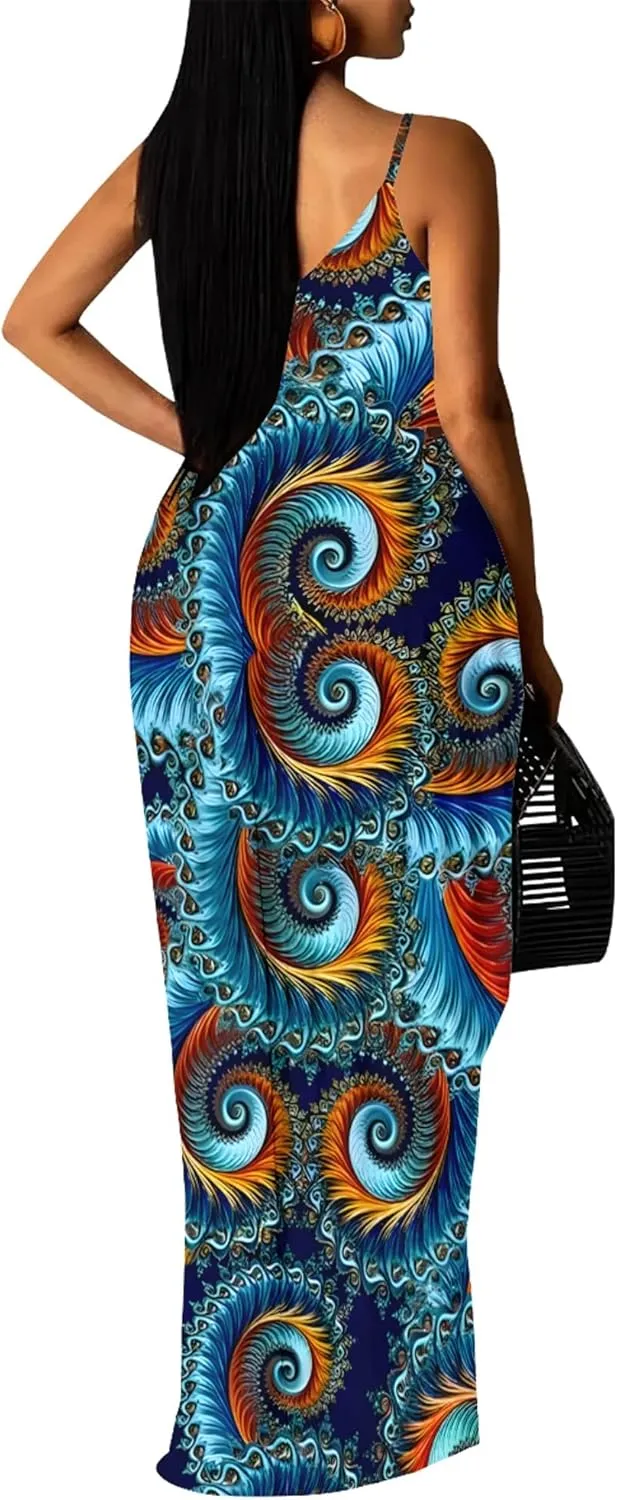 Women's Plus Size Summer Dresses Spaghetti Print Midi Dresses Long Loose Sundresses