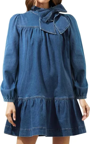 Women's Puff Long Sleeve Denim Dress Ruffle Mock Neck Tiered Mini Babydoll Dress Casual Flowy Swing Jean Dresses