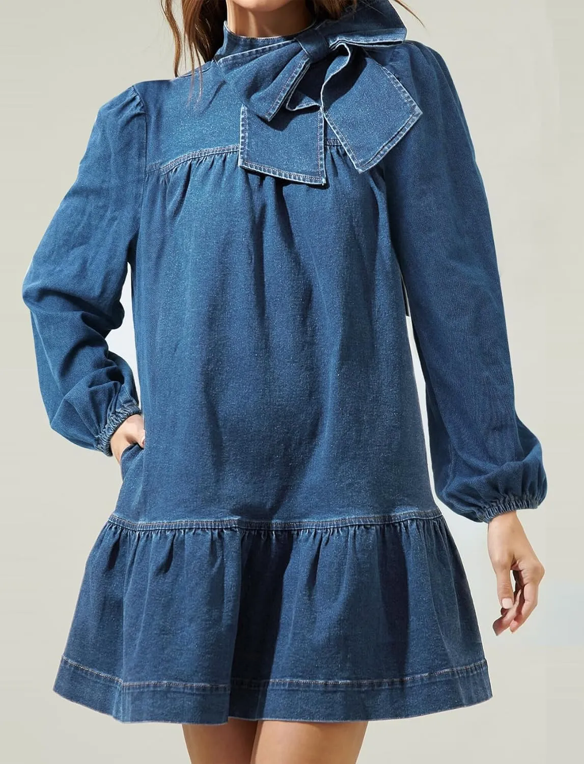Women's Puff Long Sleeve Denim Dress Ruffle Mock Neck Tiered Mini Babydoll Dress Casual Flowy Swing Jean Dresses