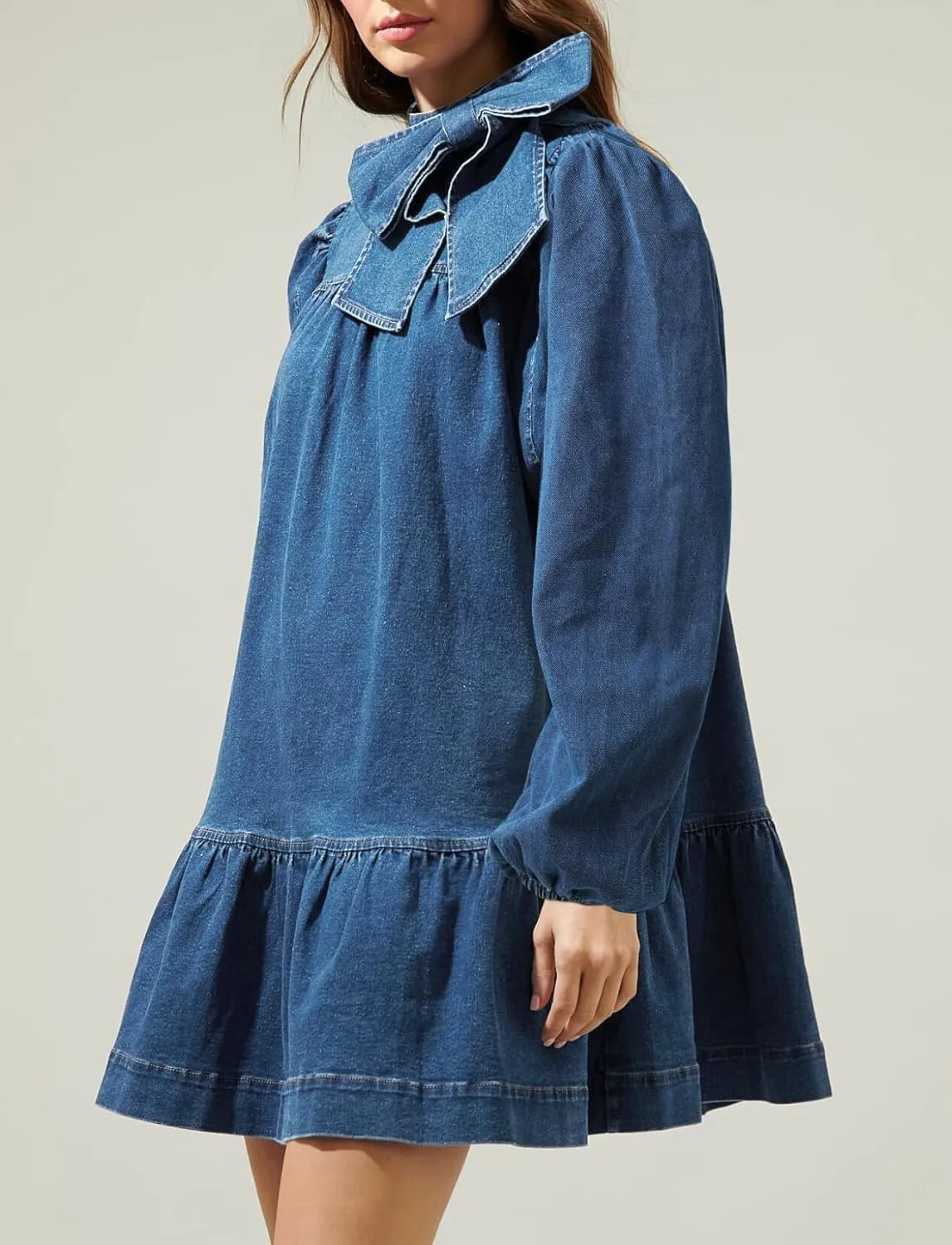 Women's Puff Long Sleeve Denim Dress Ruffle Mock Neck Tiered Mini Babydoll Dress Casual Flowy Swing Jean Dresses