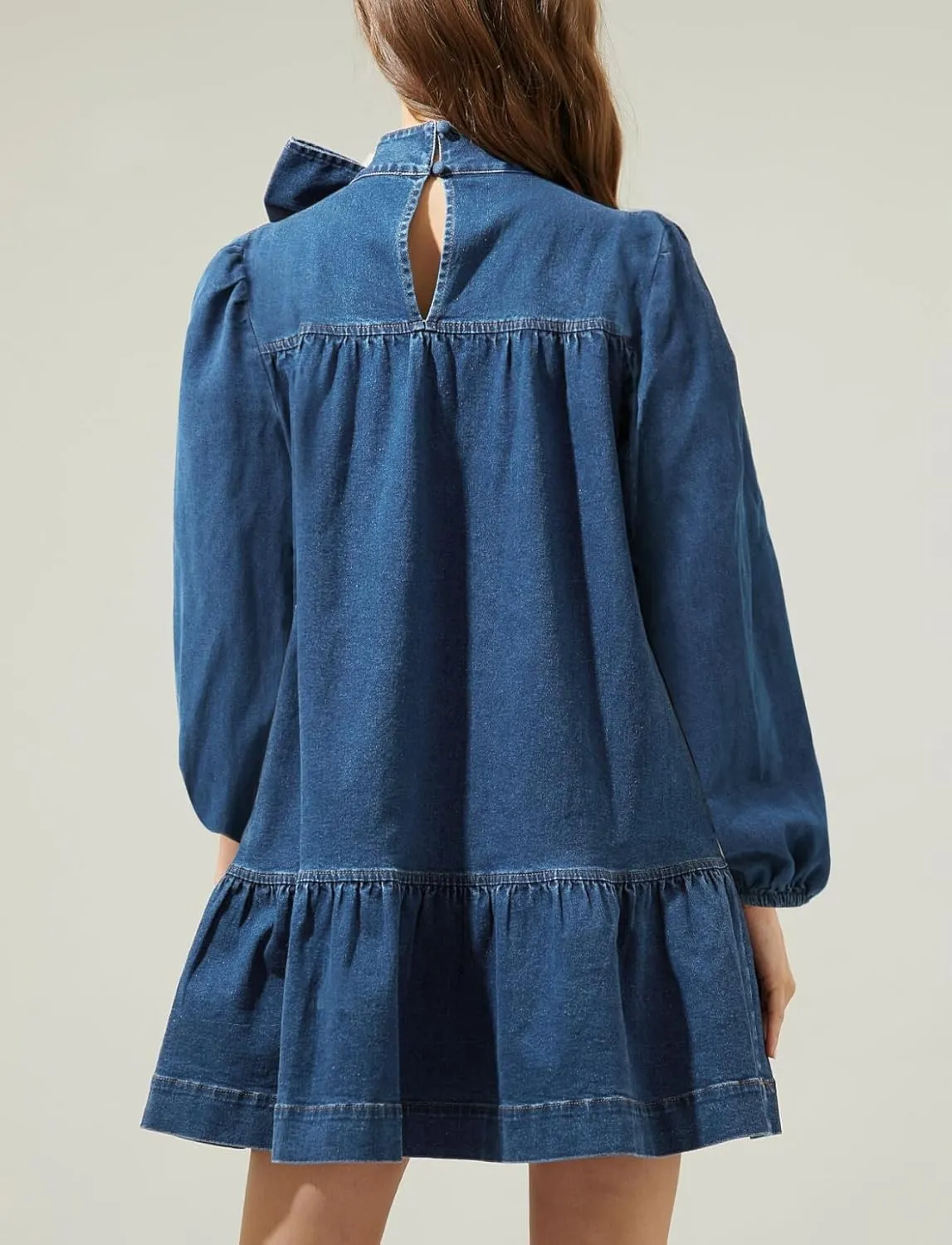Women's Puff Long Sleeve Denim Dress Ruffle Mock Neck Tiered Mini Babydoll Dress Casual Flowy Swing Jean Dresses