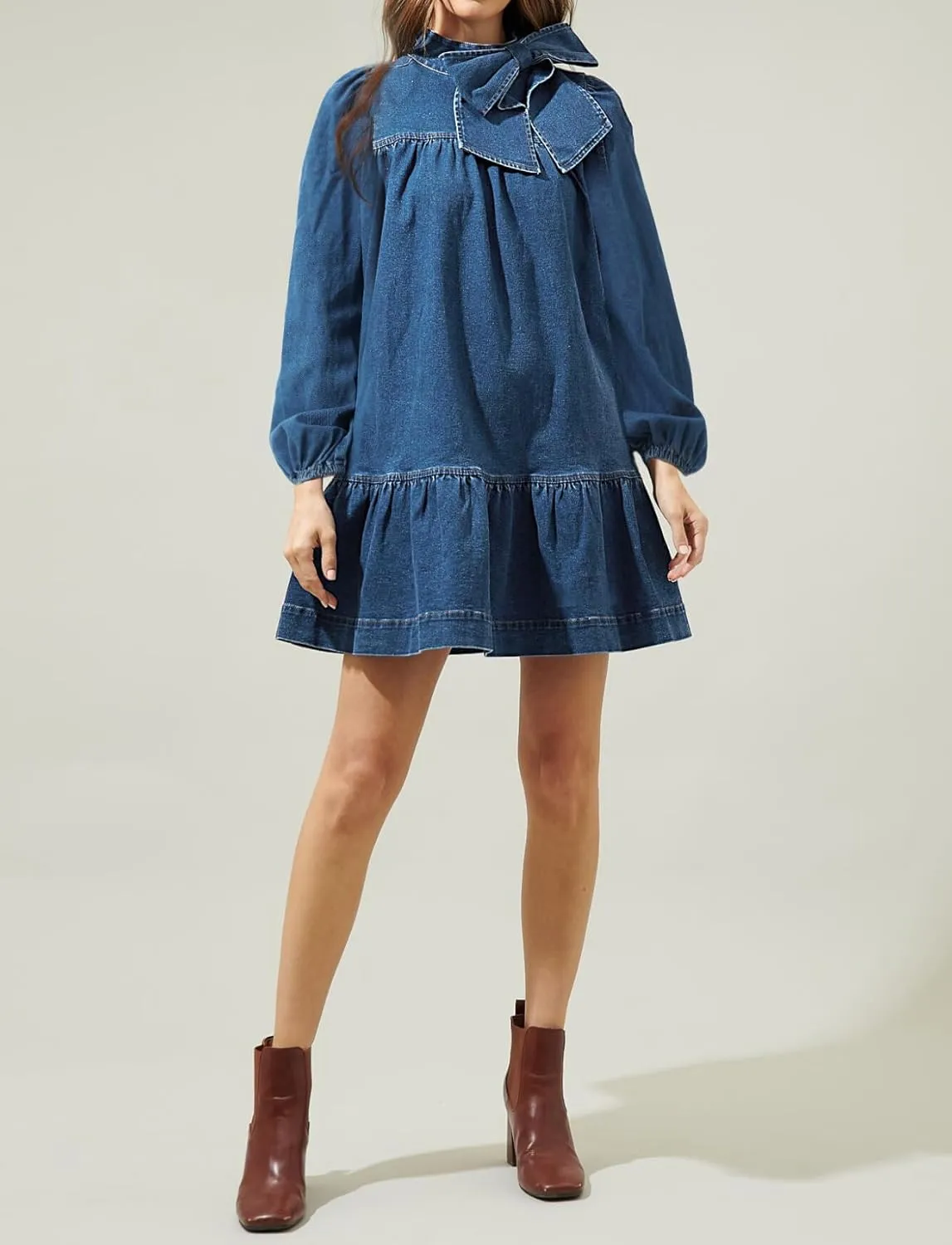 Women's Puff Long Sleeve Denim Dress Ruffle Mock Neck Tiered Mini Babydoll Dress Casual Flowy Swing Jean Dresses