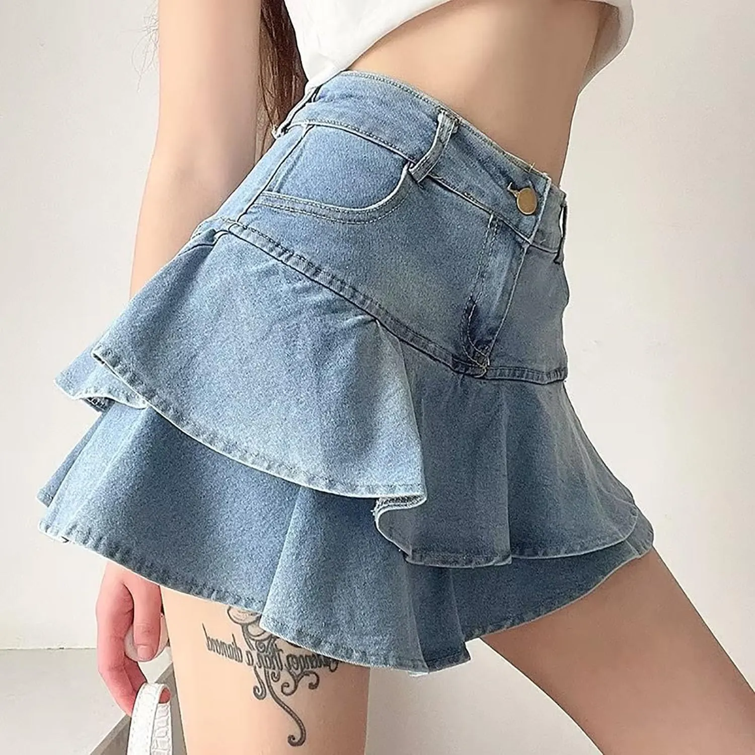 Women's Ruffle Multi-Layer Denim Skirt Casual A-Line Ruffle Y2K Mini Denim Skirt