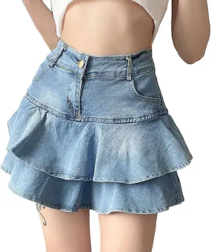 Women's Ruffle Multi-Layer Denim Skirt Casual A-Line Ruffle Y2K Mini Denim Skirt