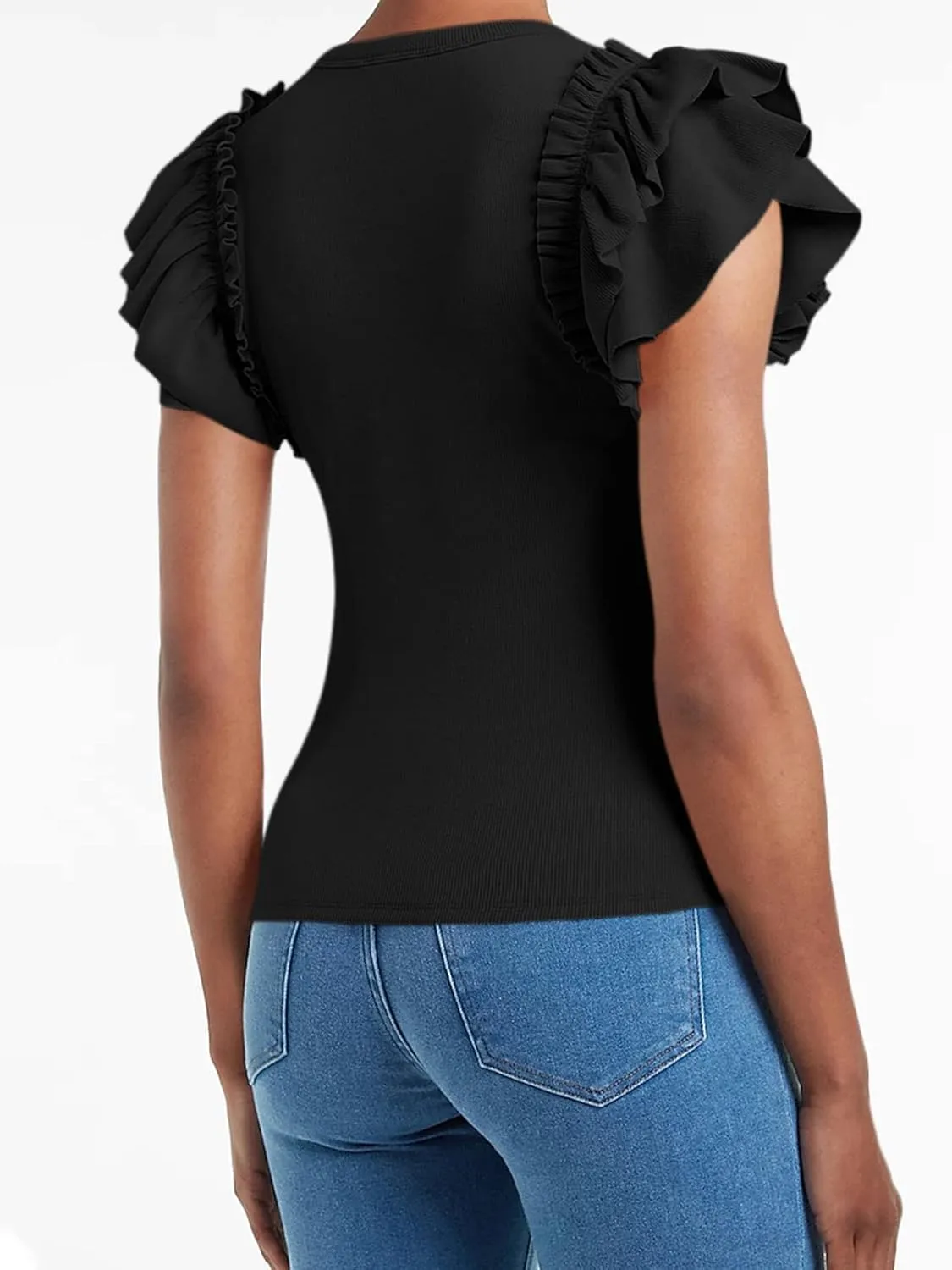 Womens Ruffle Tank Tops Summer Dressy Casual V Neck Slim Fit Ribbed Knit Sleeveless Shirts