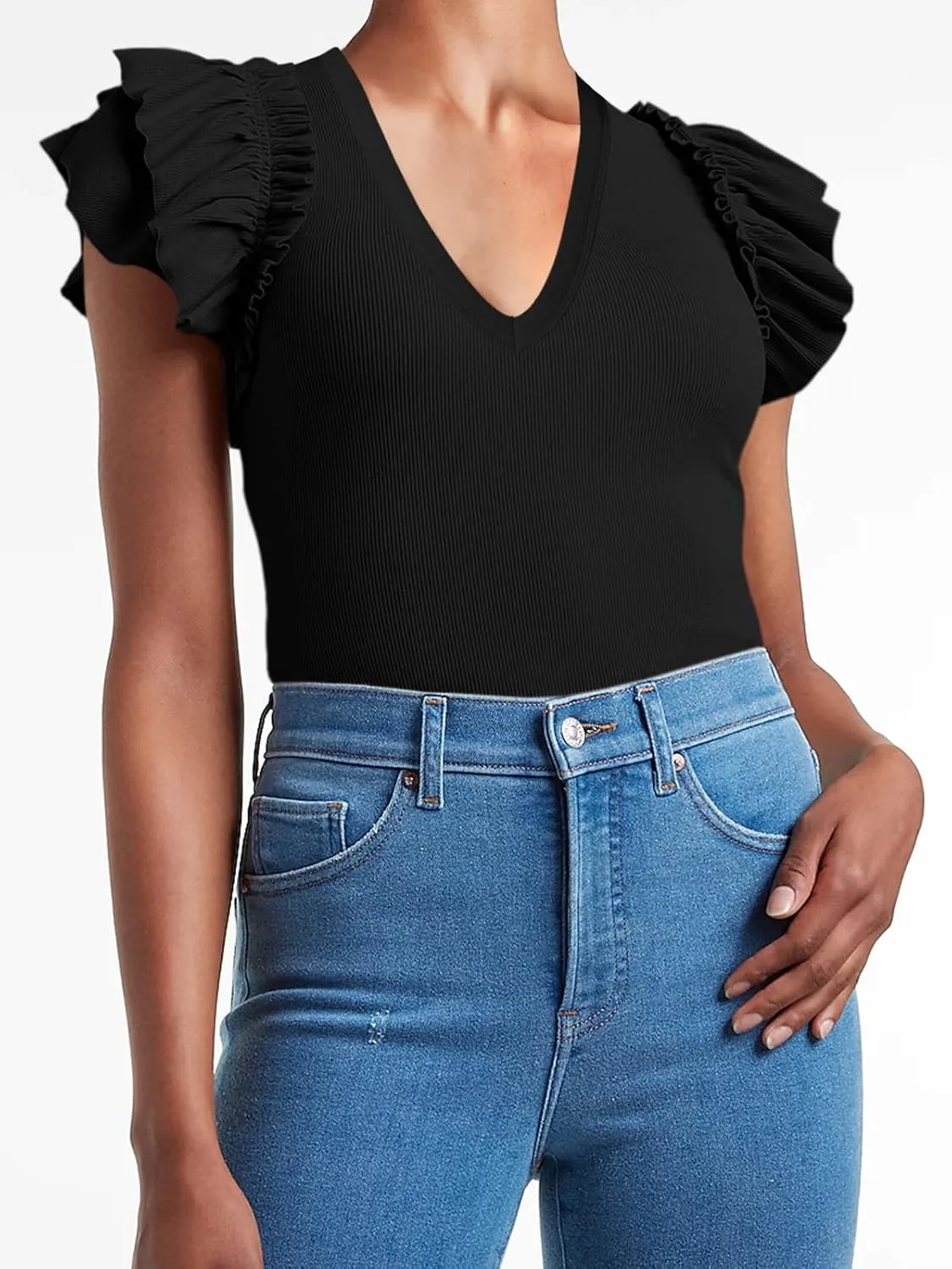 Womens Ruffle Tank Tops Summer Dressy Casual V Neck Slim Fit Ribbed Knit Sleeveless Shirts