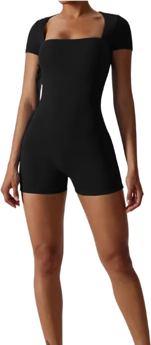 Womens Seamless Jumpsuit - One Piece Playsuit Romper, Square Neck, Bodysuit Shorts, Black