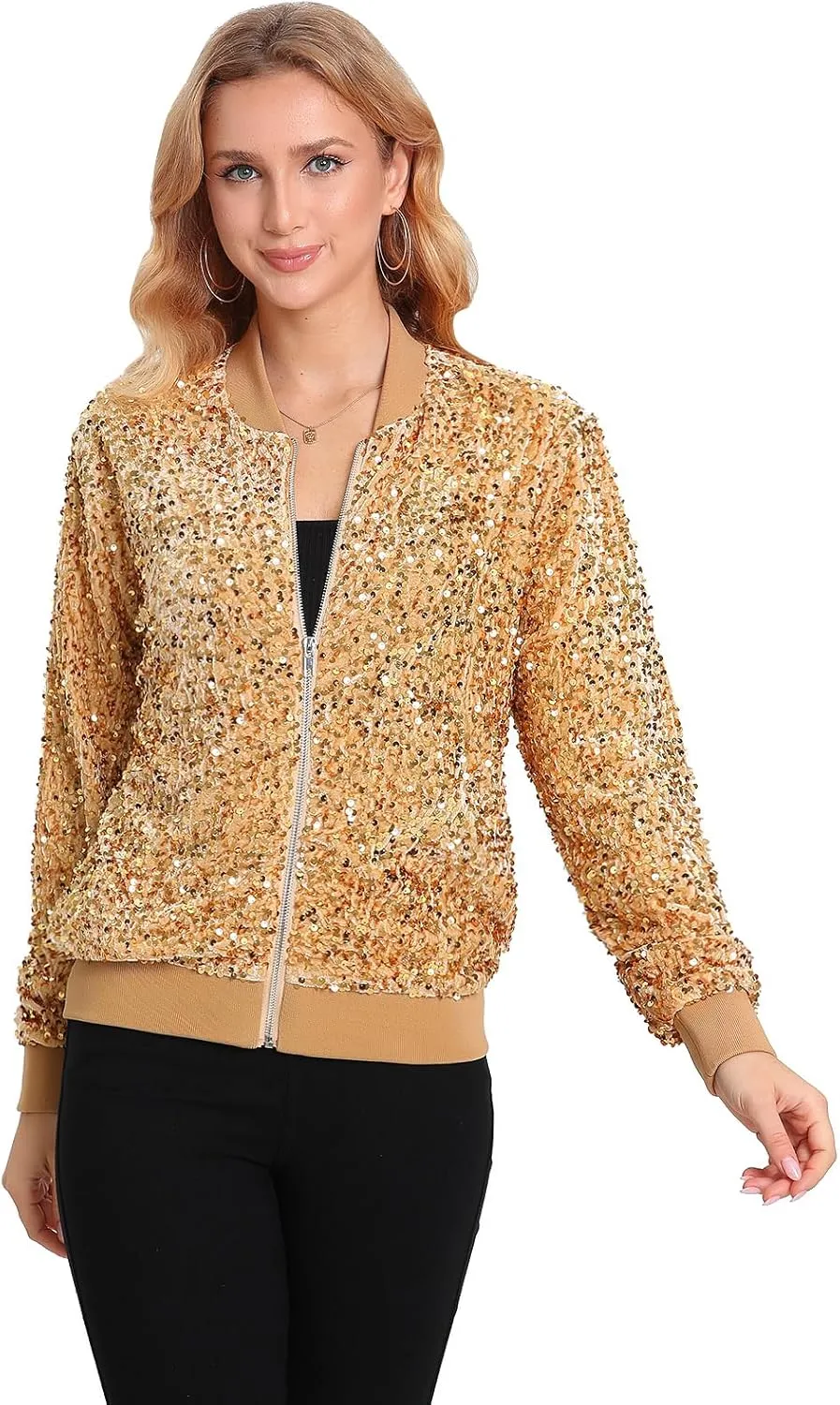Women's Sequin Jacket Long Sleeve Blazer Glitter Front Zip With Pockets Casual Sparkly Party Velvet Bomber