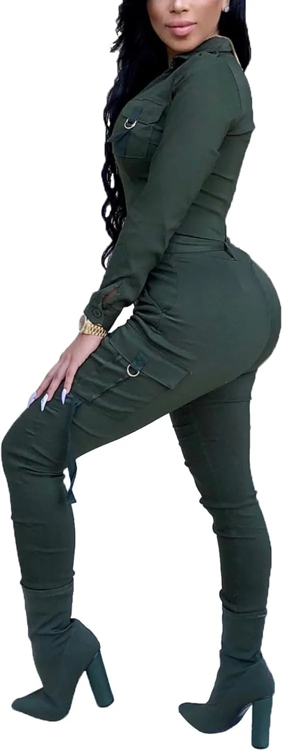 Women's Sexy Bodycon Jumpsuits V Neck Long Sleeve High Waisted Slim Fit Long Romper with Pockets Belt