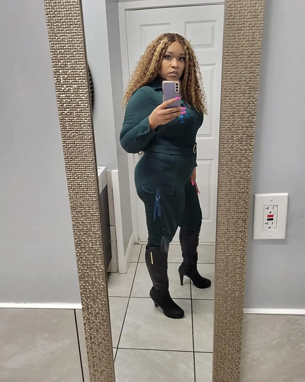 Women's Sexy Bodycon Jumpsuits V Neck Long Sleeve High Waisted Slim Fit Long Romper with Pockets Belt