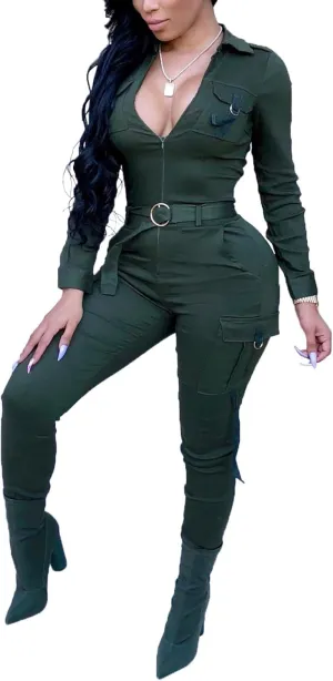 Women's Sexy Bodycon Jumpsuits V Neck Long Sleeve High Waisted Slim Fit Long Romper with Pockets Belt