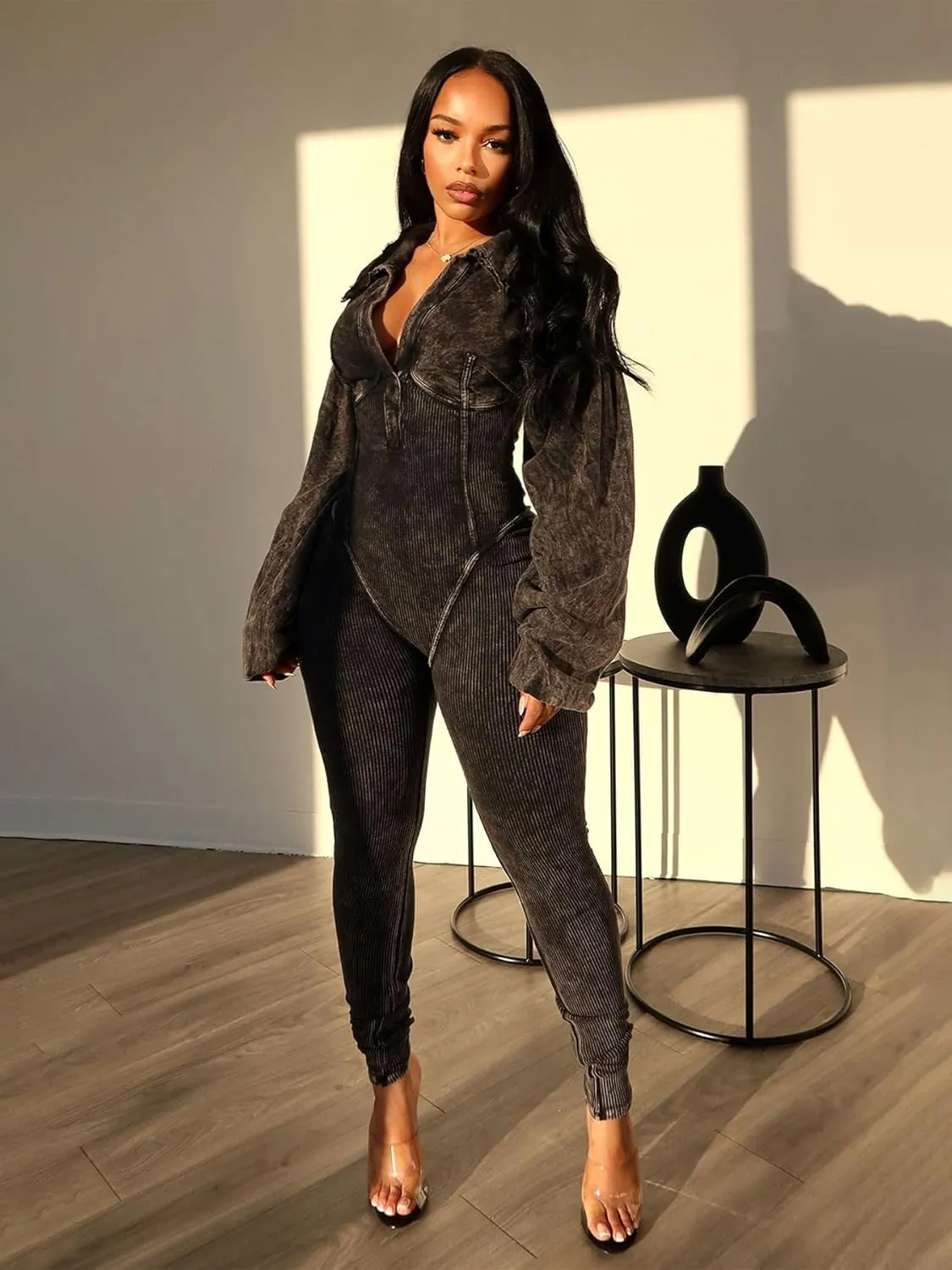 Womens Sexy Jumpsuits V Neck Long Sleeve Slim Bodycon Jumpsuits Going Out Casual Jumpsuits