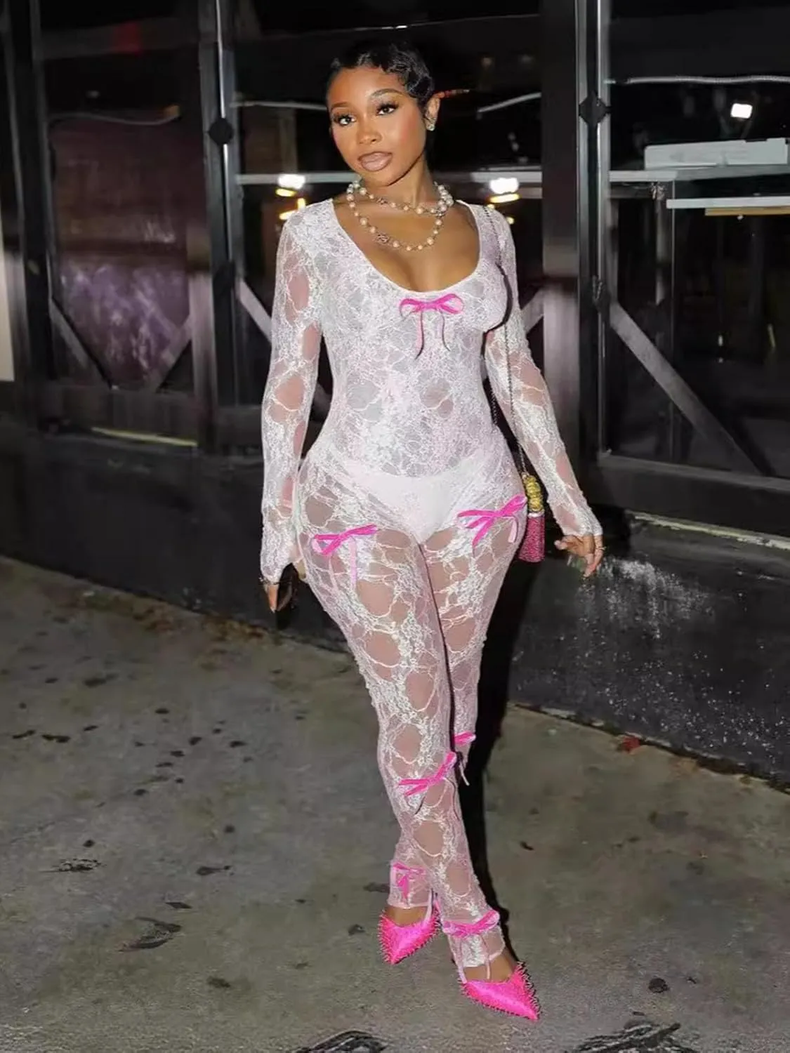 Women's Sheer Lace Long Sleeve Sexy See Through Bowknot Decor Bodycon Jumpsuit Unitard Bodysuit Date Night Outfits