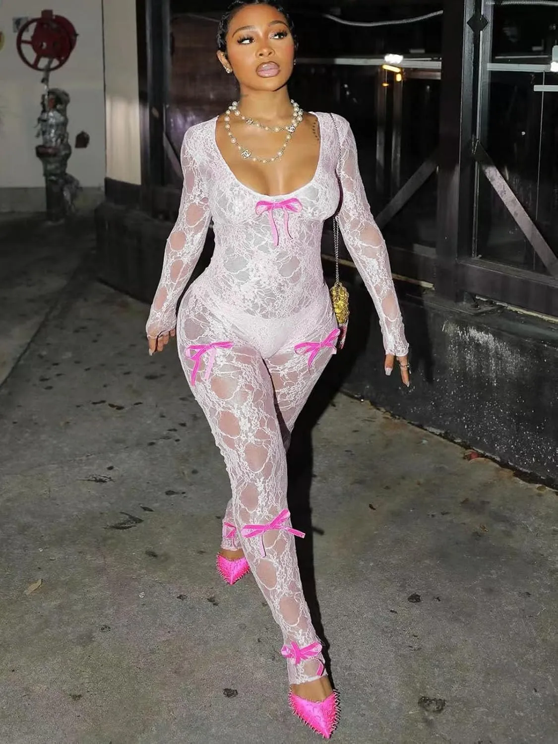 Women's Sheer Lace Long Sleeve Sexy See Through Bowknot Decor Bodycon Jumpsuit Unitard Bodysuit Date Night Outfits