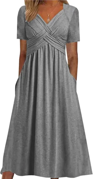 Womens Short Sleeve Dress Casual Plus Size V-Neck Maxi Dresses A Line Flowy Beach Sundress with Pockets