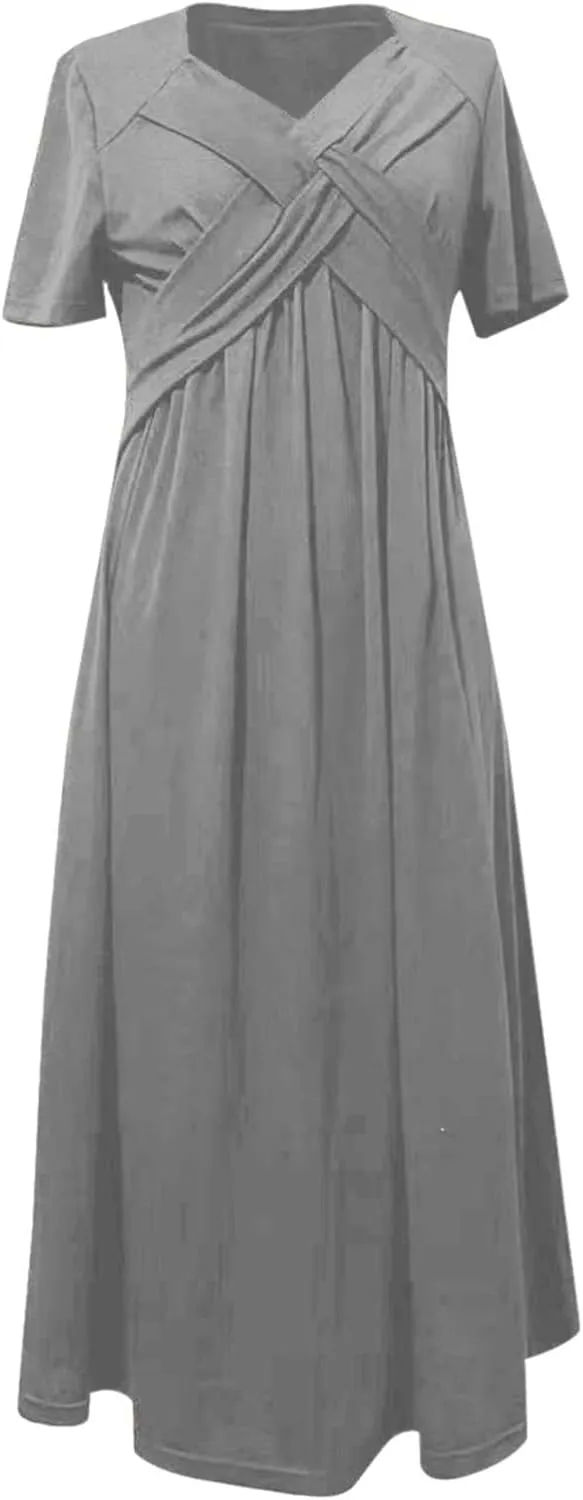 Womens Short Sleeve Dress Casual Plus Size V-Neck Maxi Dresses A Line Flowy Beach Sundress with Pockets