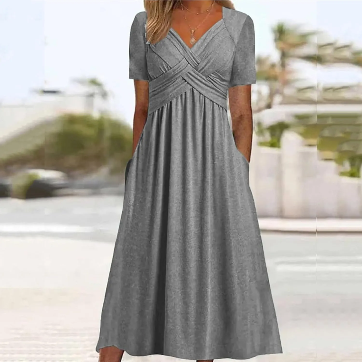 Womens Short Sleeve Dress Casual Plus Size V-Neck Maxi Dresses A Line Flowy Beach Sundress with Pockets