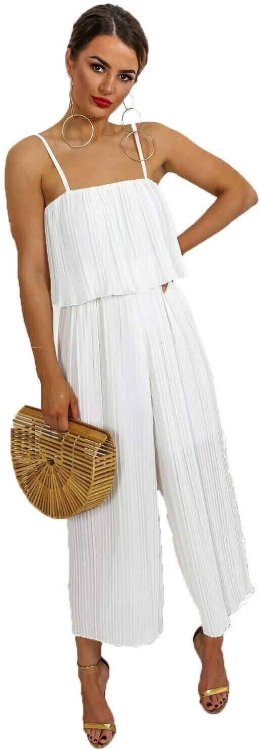Women's Sleeveless Pleated Soft Fabric Strap All in One Jumpsuit Ladies Dress Playsuit